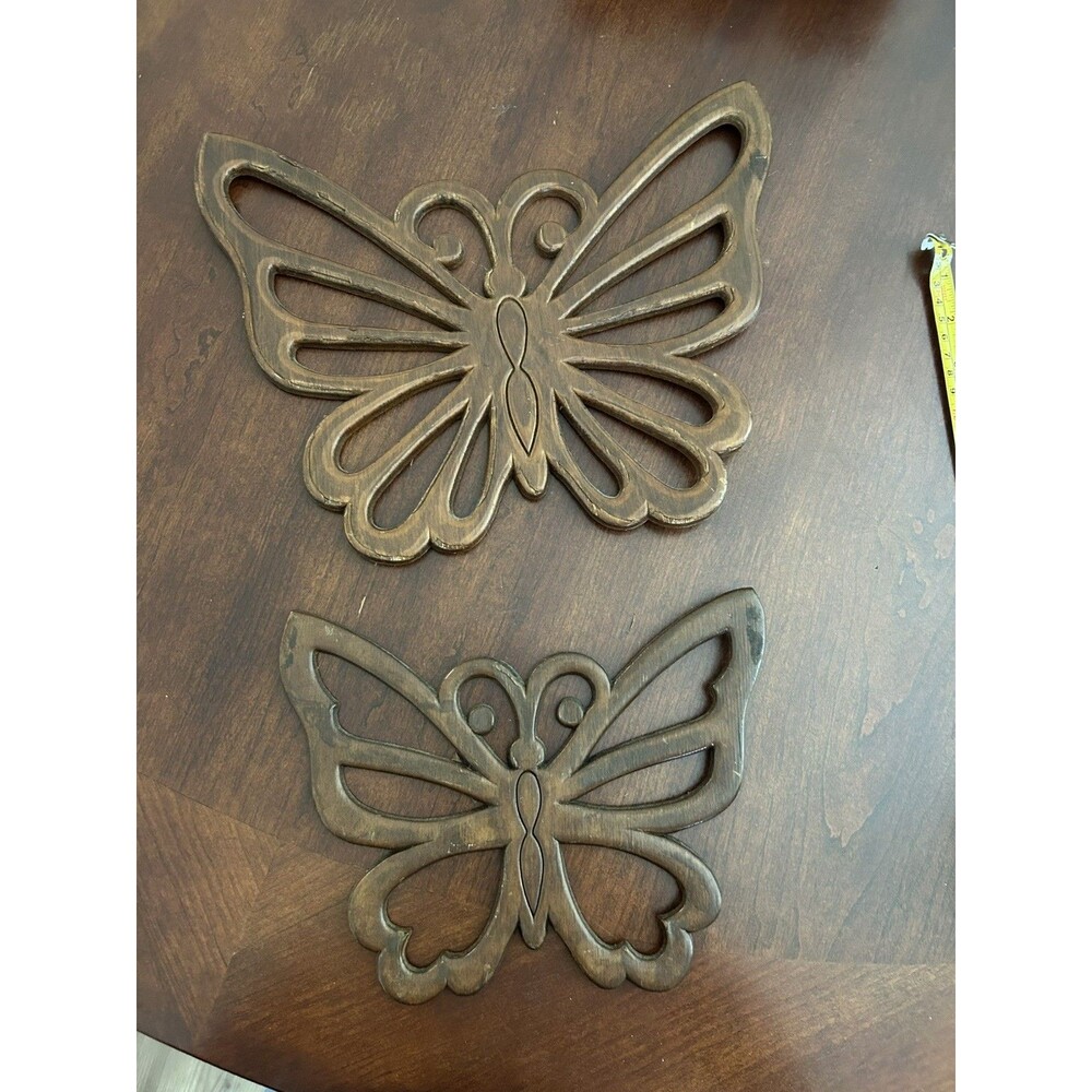 Vintage 70s MCM Wood Butterfly Wall Hangings Set of 2 Boho Decor Retro Whimsical
